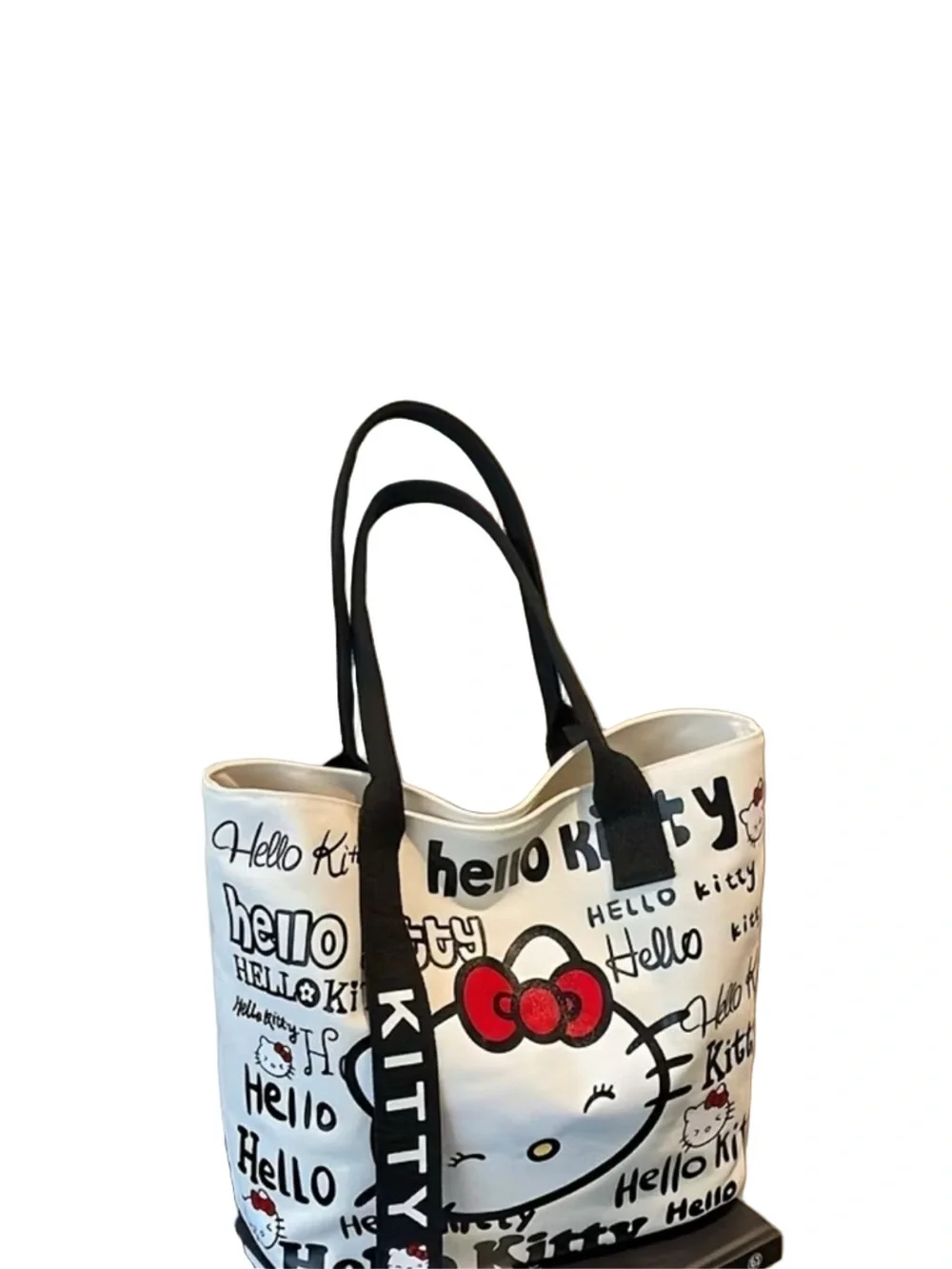 Hello Kitty White Tote Bag with Black Straps and Red Bow Graphic Zipper Closure
