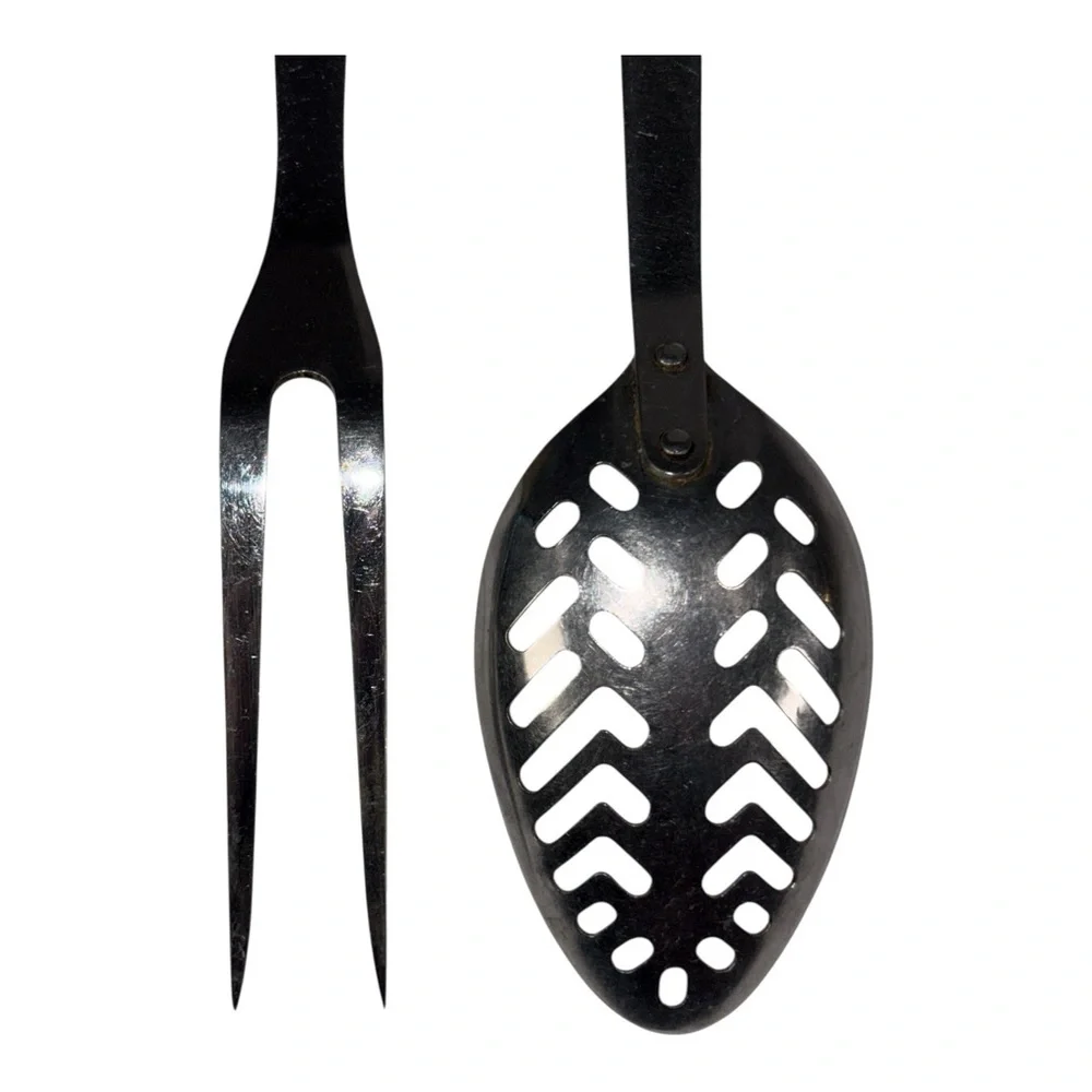 Vintage EKCO Stainless Vanadium Meat Fork Slotted Spoon Cooking Utensils Black