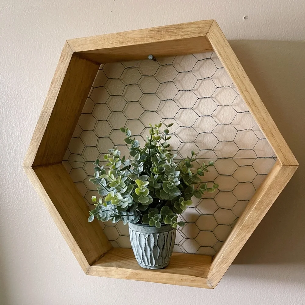 Handmade Hexagon Shelf with Wire Backing - Perfect for Plants and Small Decor