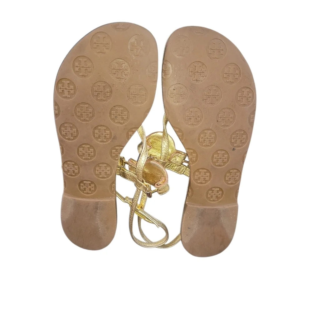Tory Burch Women's Equestrain Gold Metallic Sumner Thong Flat Leather Sandals 7