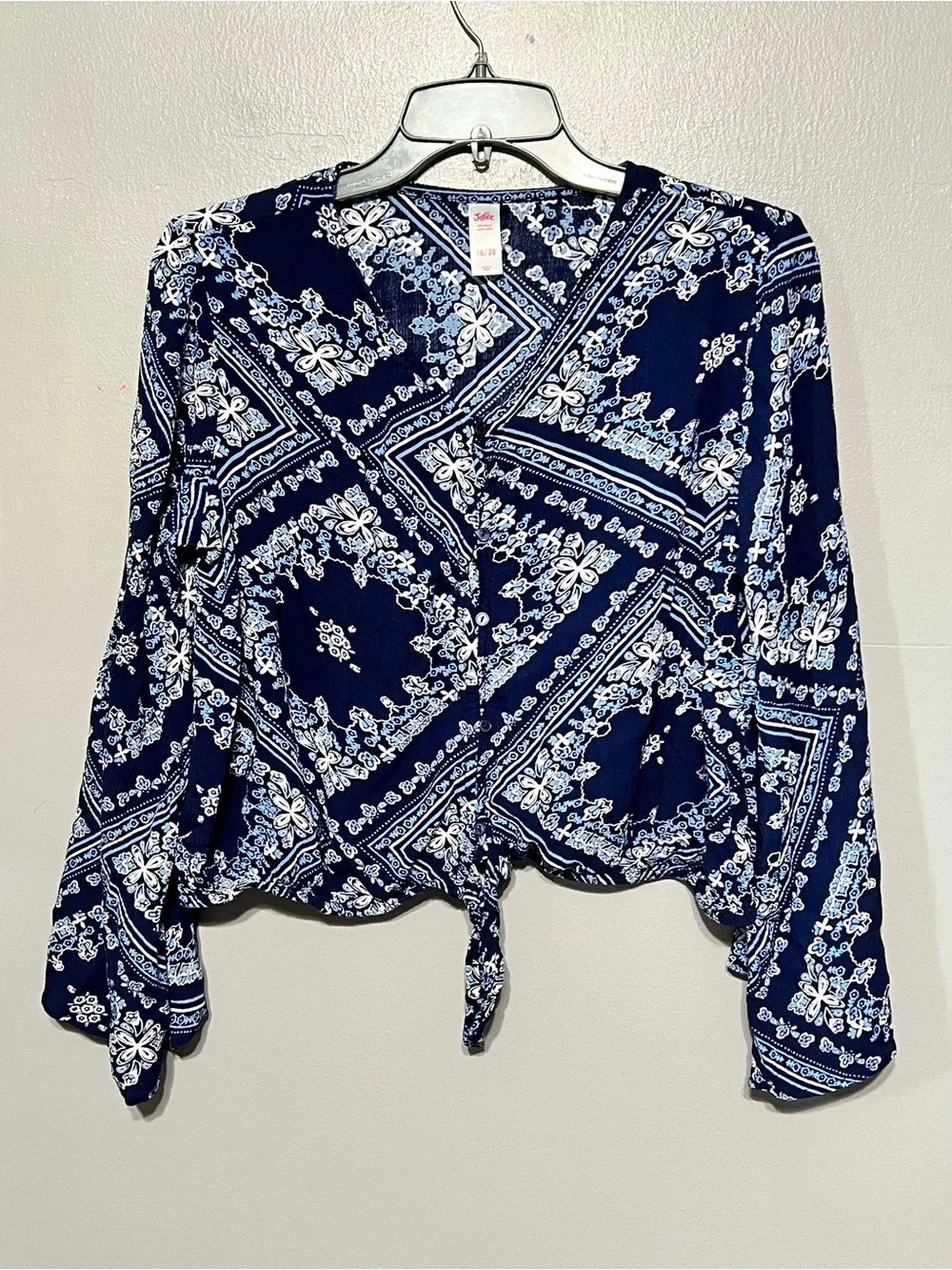 Justice Navy Blue Floral Crinkle Gauze Button Tie Front Top 18/20