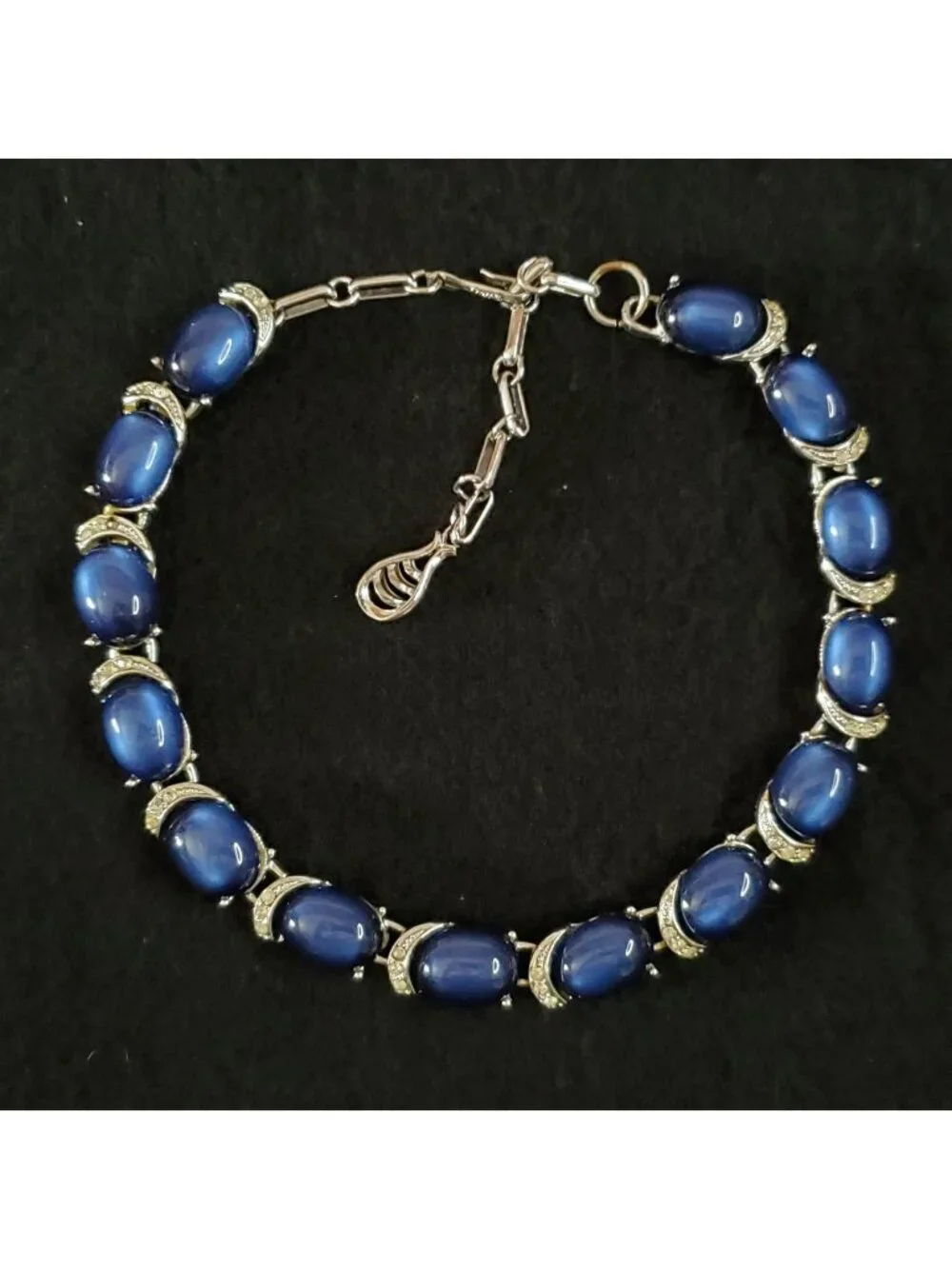 Vintage Moonglow Necklace Choker Blue Silver Tone Rhinestone 12.5-15
