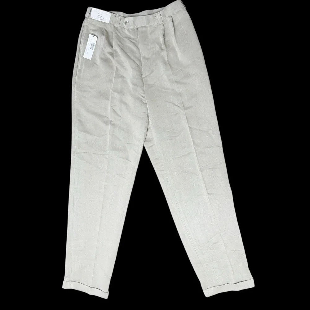 New Perry Ellis Dress Pants Mens 32 x 34 Stone Natural Gray Pleated Cuffed