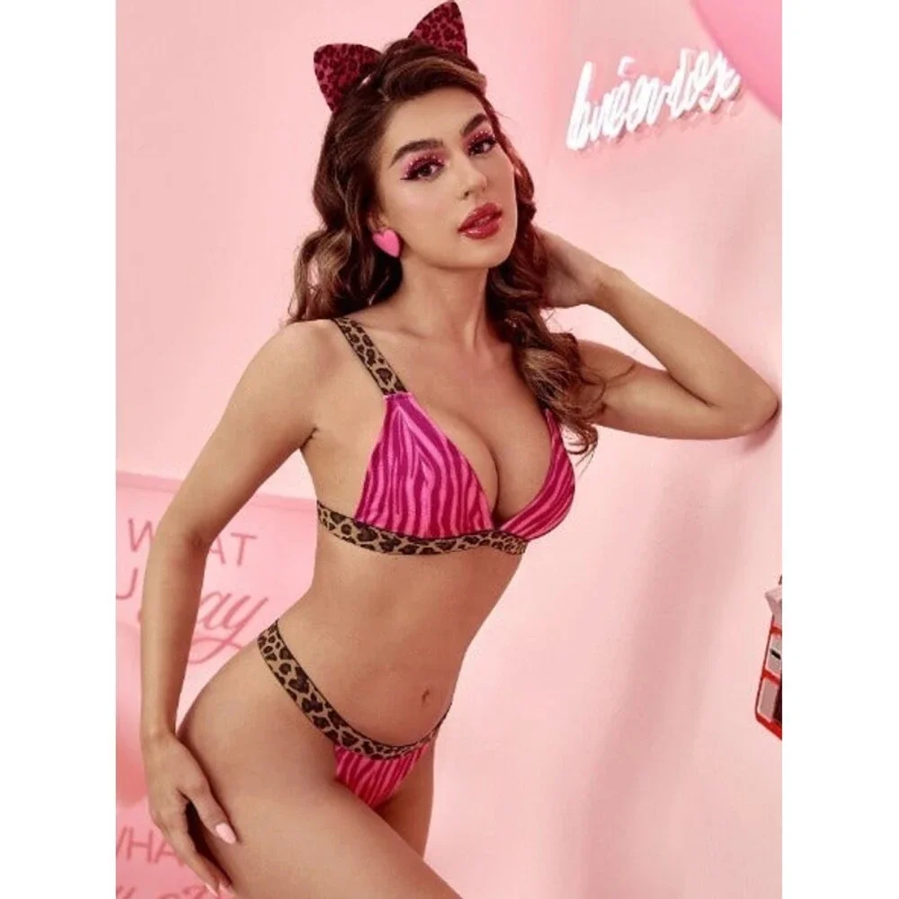 Size 10 Large Zebra Striped & Leopard Thong Animal Costume Set & Hair Hoop