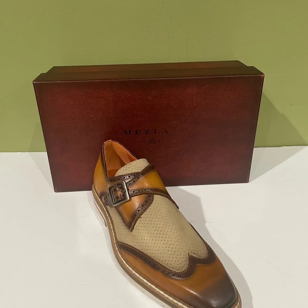 Mezlan shoes wing tip monk strap leather calf camel/bone 8
