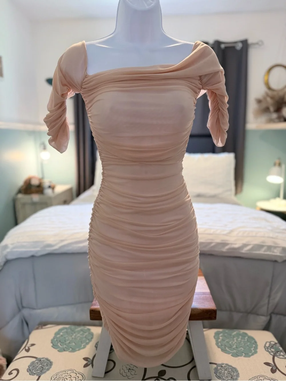House of CB Blush Ruched Off-Shoulder Midi Dress