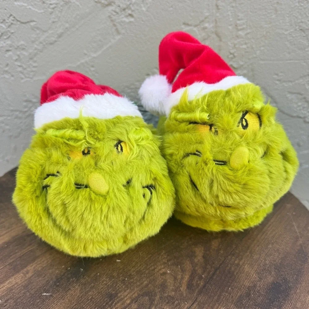 Grinch Holiday NEW Plush Kids Slippers Green Santa Hat Christmas Sz Small 9-10