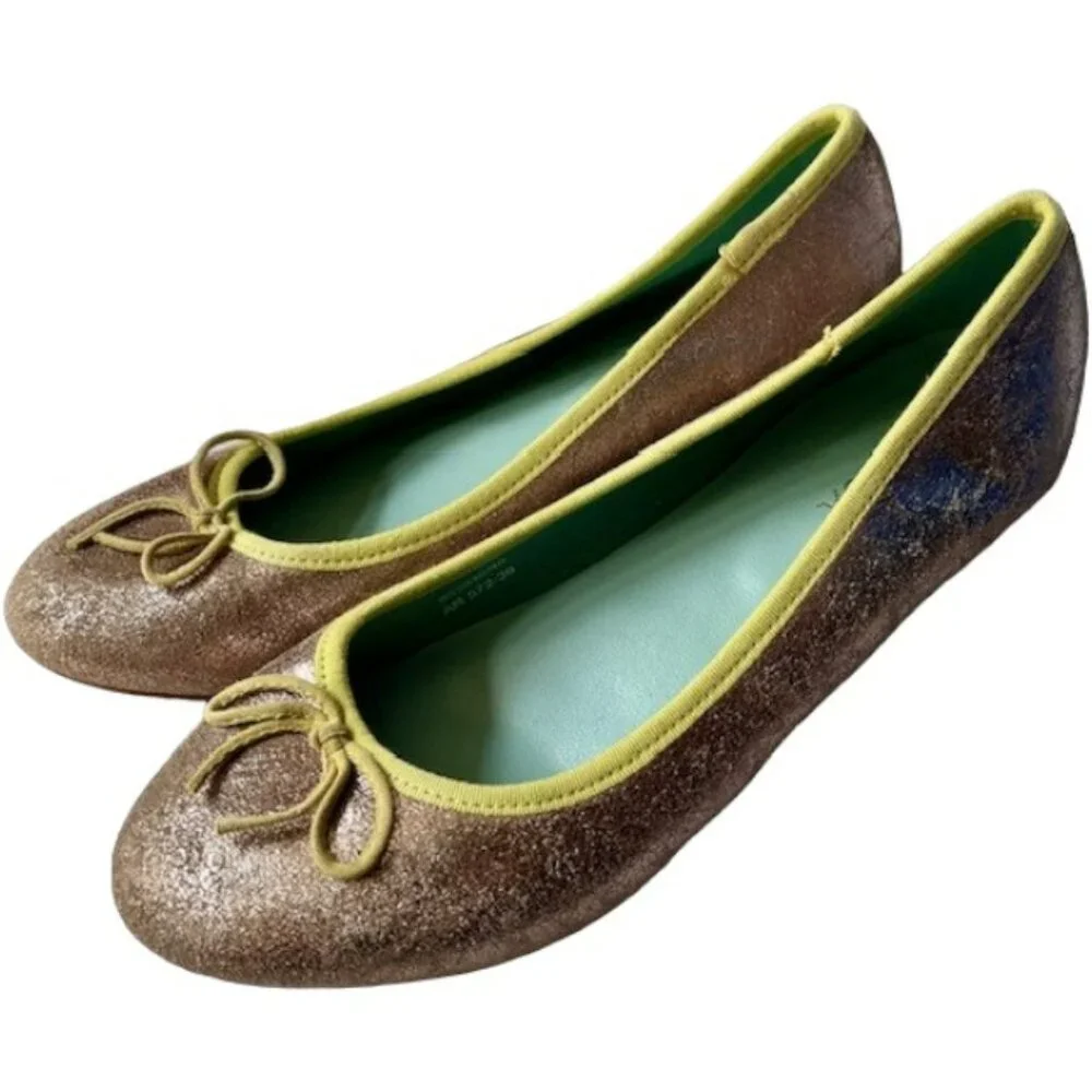 Boden Metallic Wedge Ballerina Shoes Leather Bow - Gold/Lime - 38 (7.5-8)