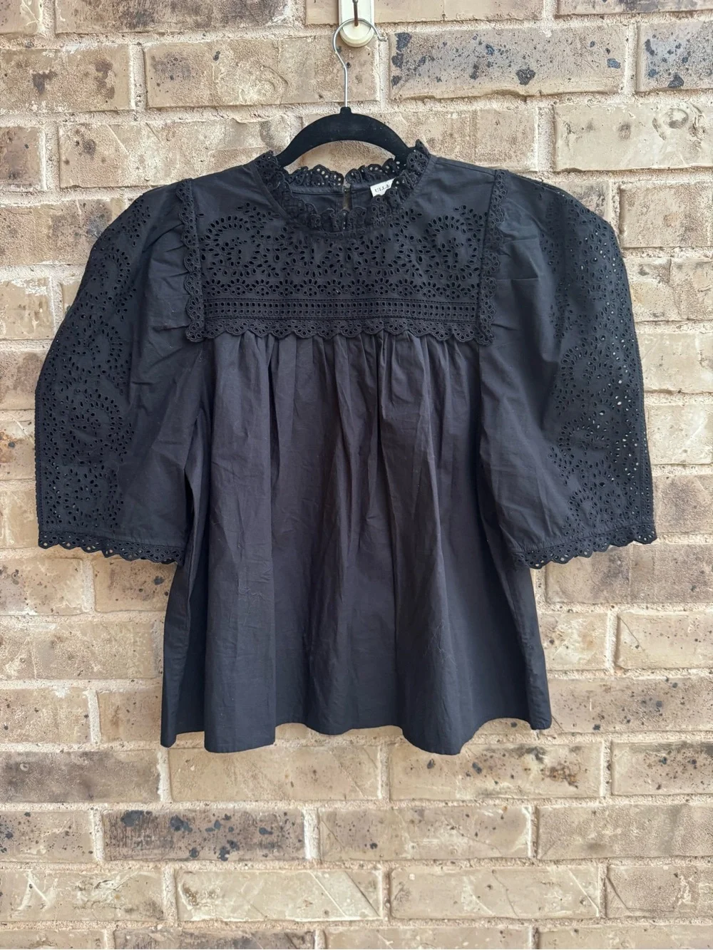 Ulla Johnson Yvonne Embroidered Black Yoke Puff Sleeve Blouse Size 8