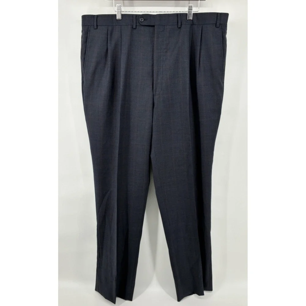 Jack Victor Super 110s Wool Suit Size 48XL Gray Windowpane Pleated Cuffs 42X34
