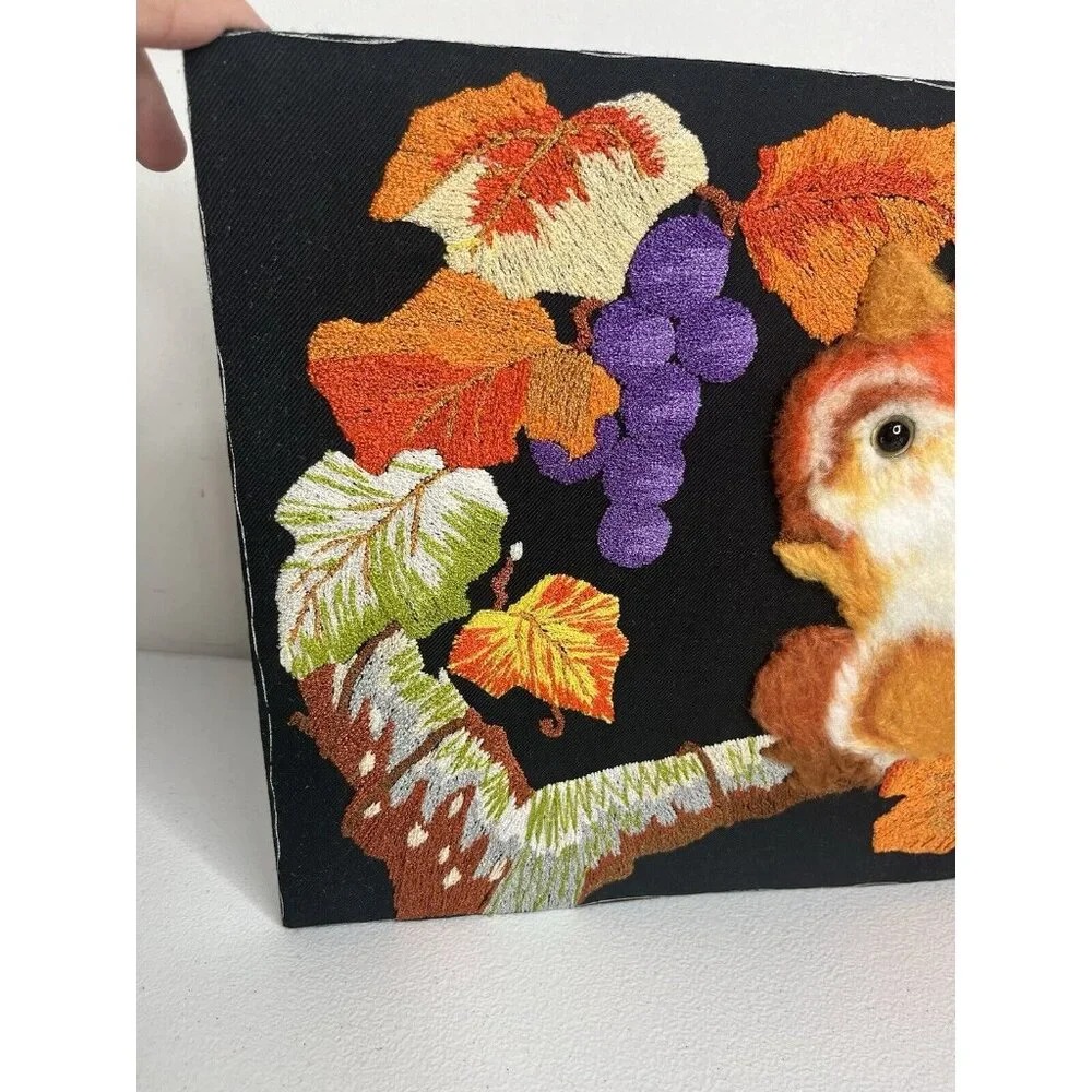 Vtg Handmade Crewel Embroidered Fall Squirrel Leaves Picture Unframed‎ Vibrant