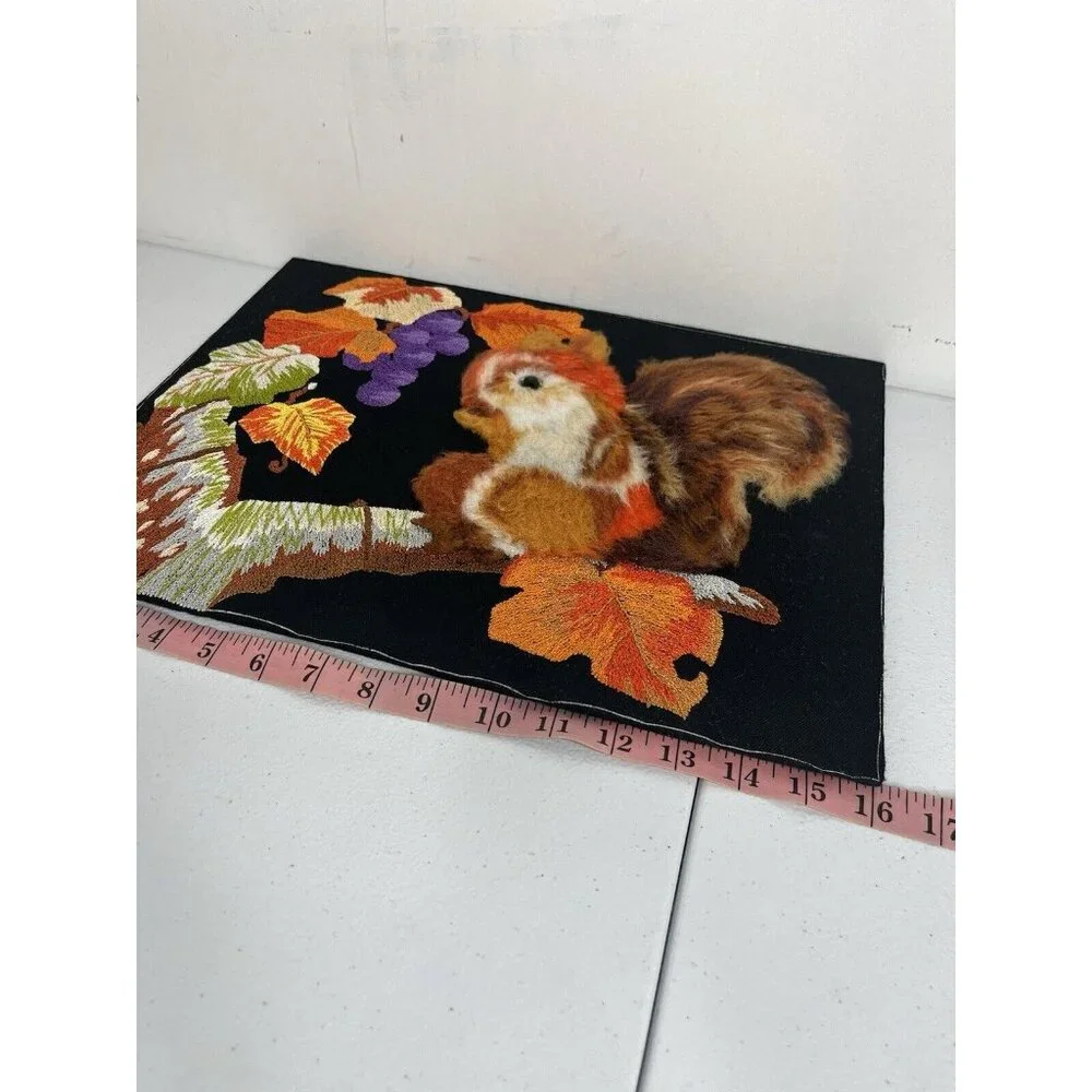Vtg Handmade Crewel Embroidered Fall Squirrel Leaves Picture Unframed‎ Vibrant
