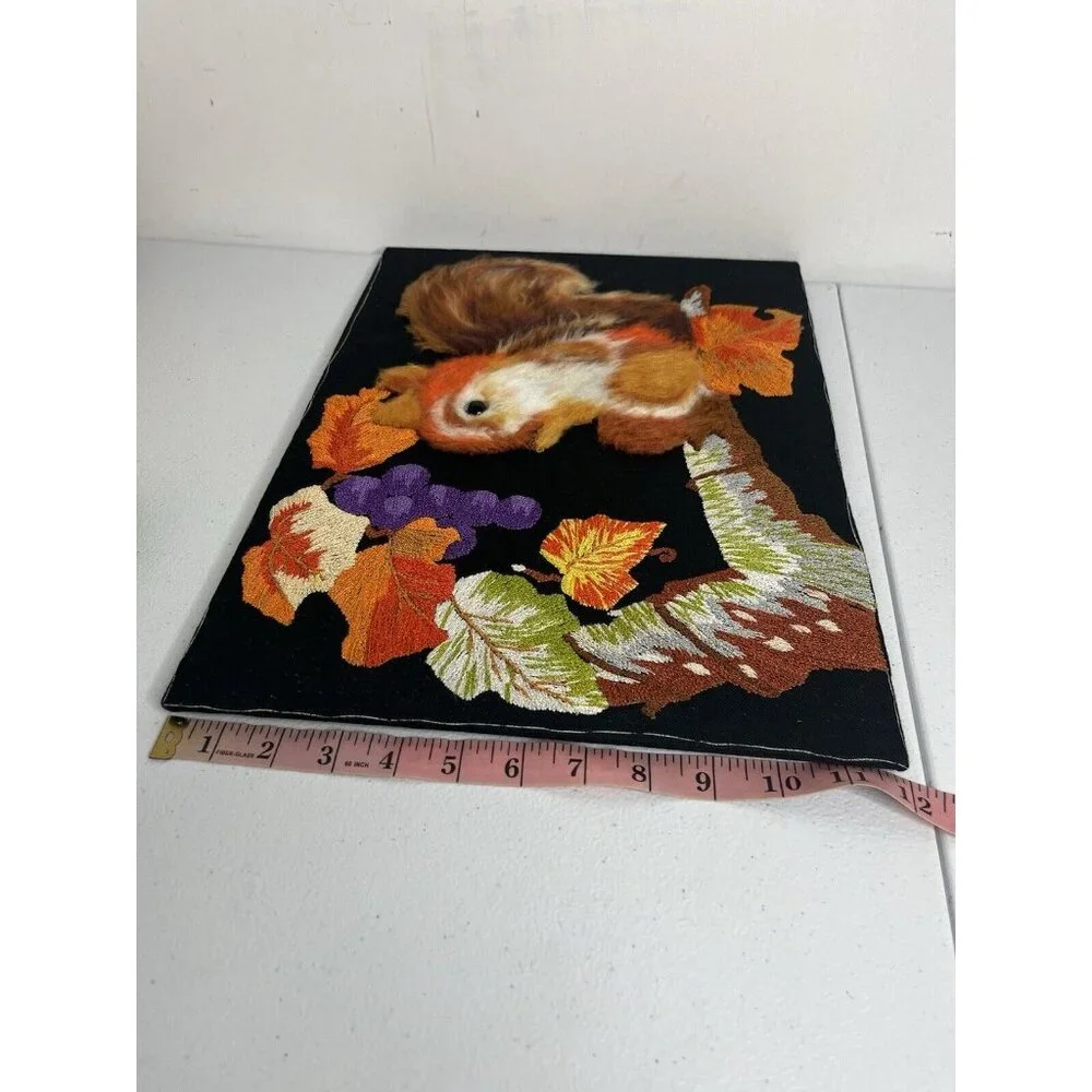 Vtg Handmade Crewel Embroidered Fall Squirrel Leaves Picture Unframed‎ Vibrant