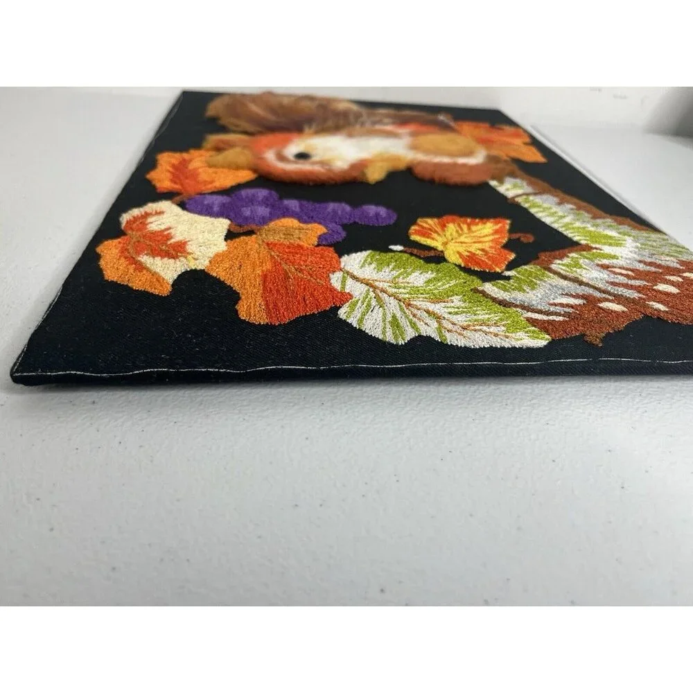 Vtg Handmade Crewel Embroidered Fall Squirrel Leaves Picture Unframed‎ Vibrant