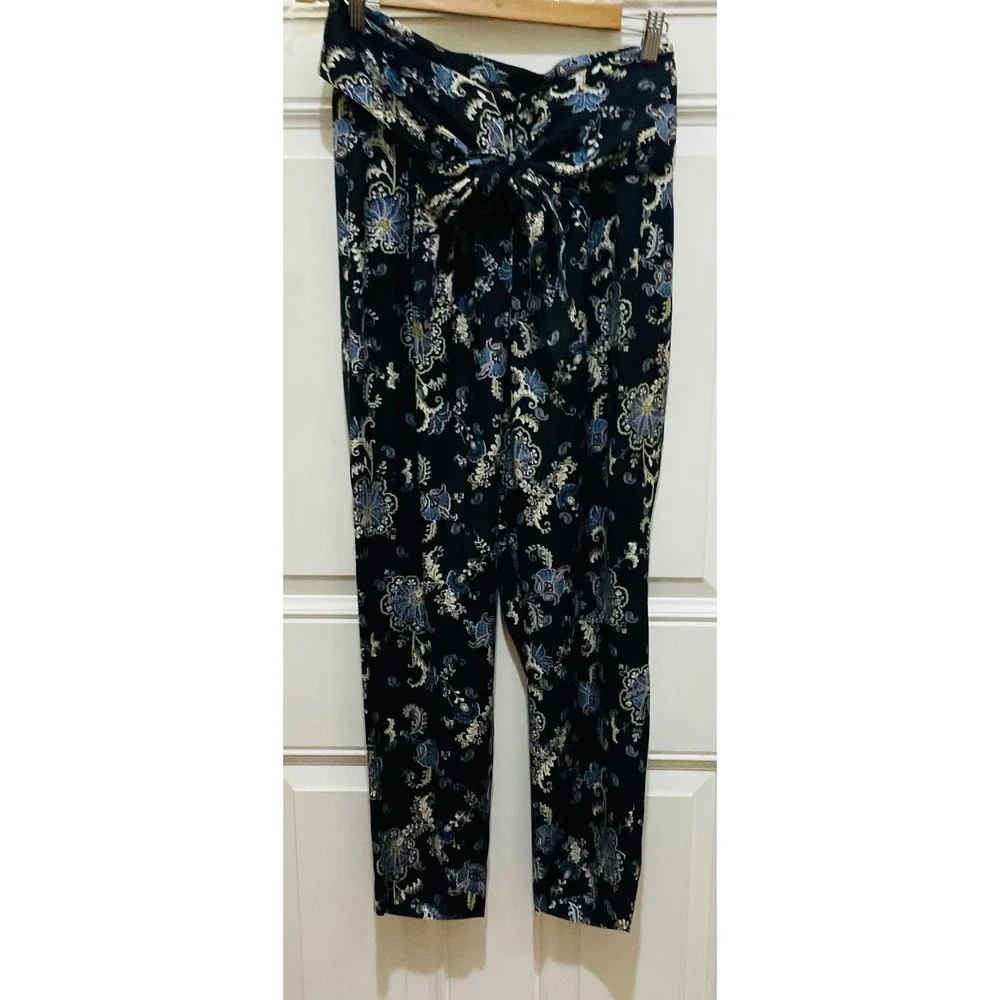 Rebecca Taylor Paisley Print Tie‎ Waist Pants Size 2 Black Blue
