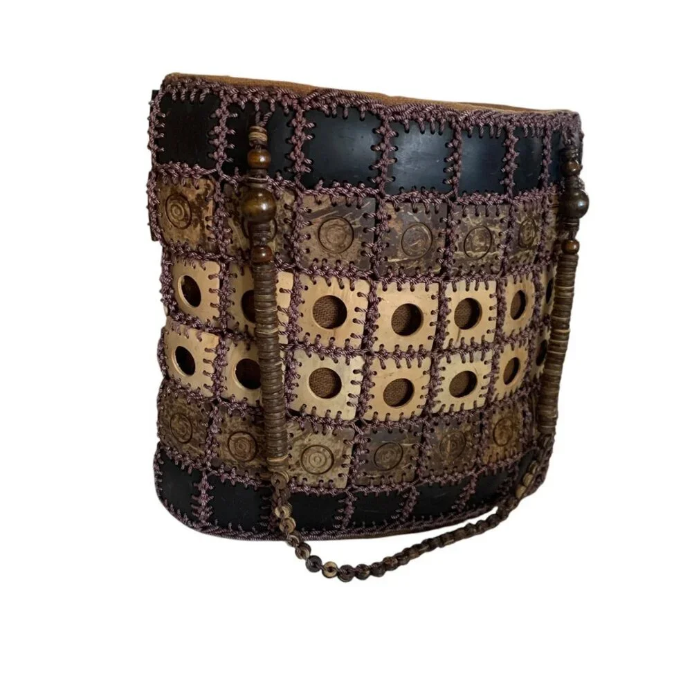 Handcrafted Boho‎ Patchwork Shoulder Bag Beaded Straps & Unique Coconut Shells