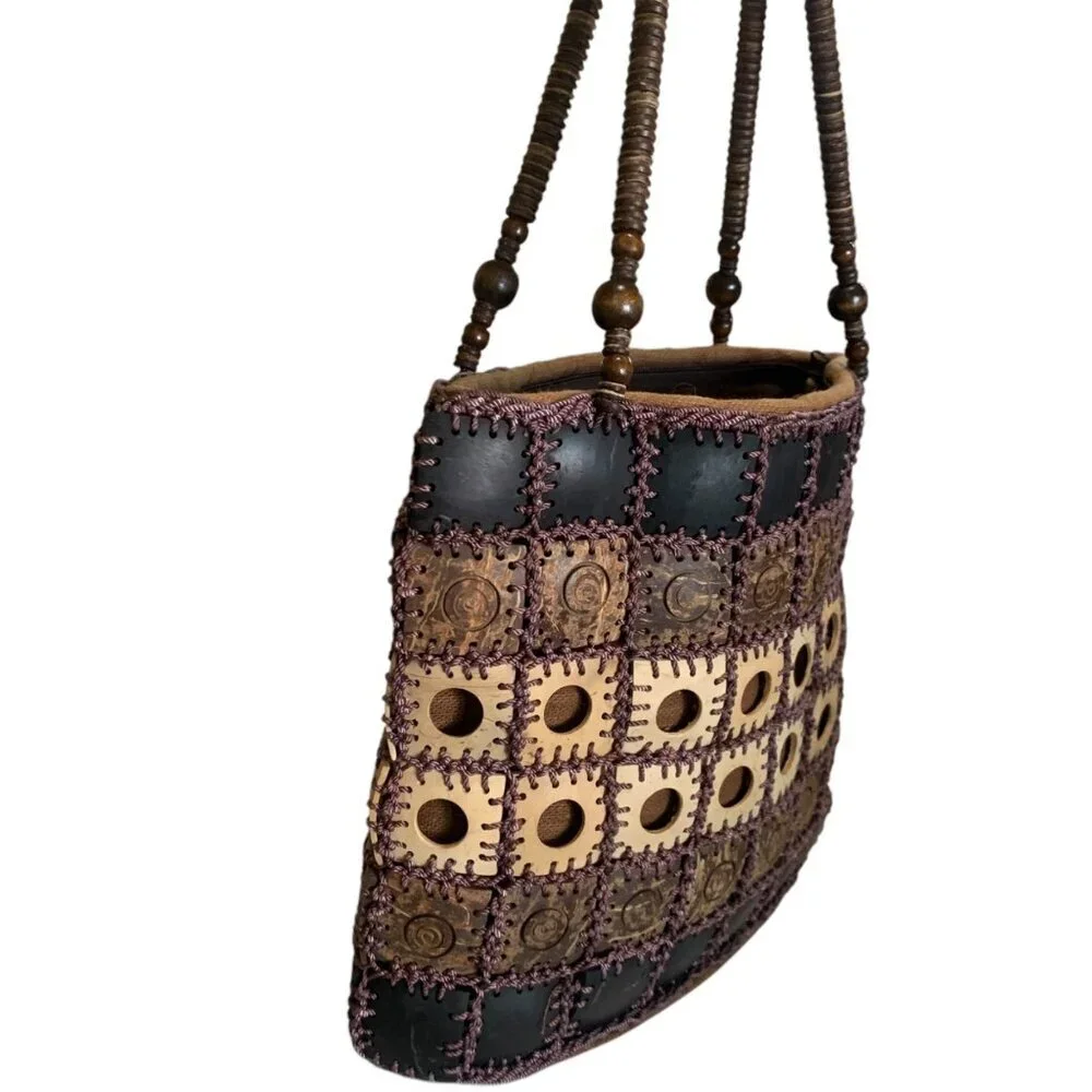 Handcrafted Boho‎ Patchwork Shoulder Bag Beaded Straps & Unique Coconut Shells