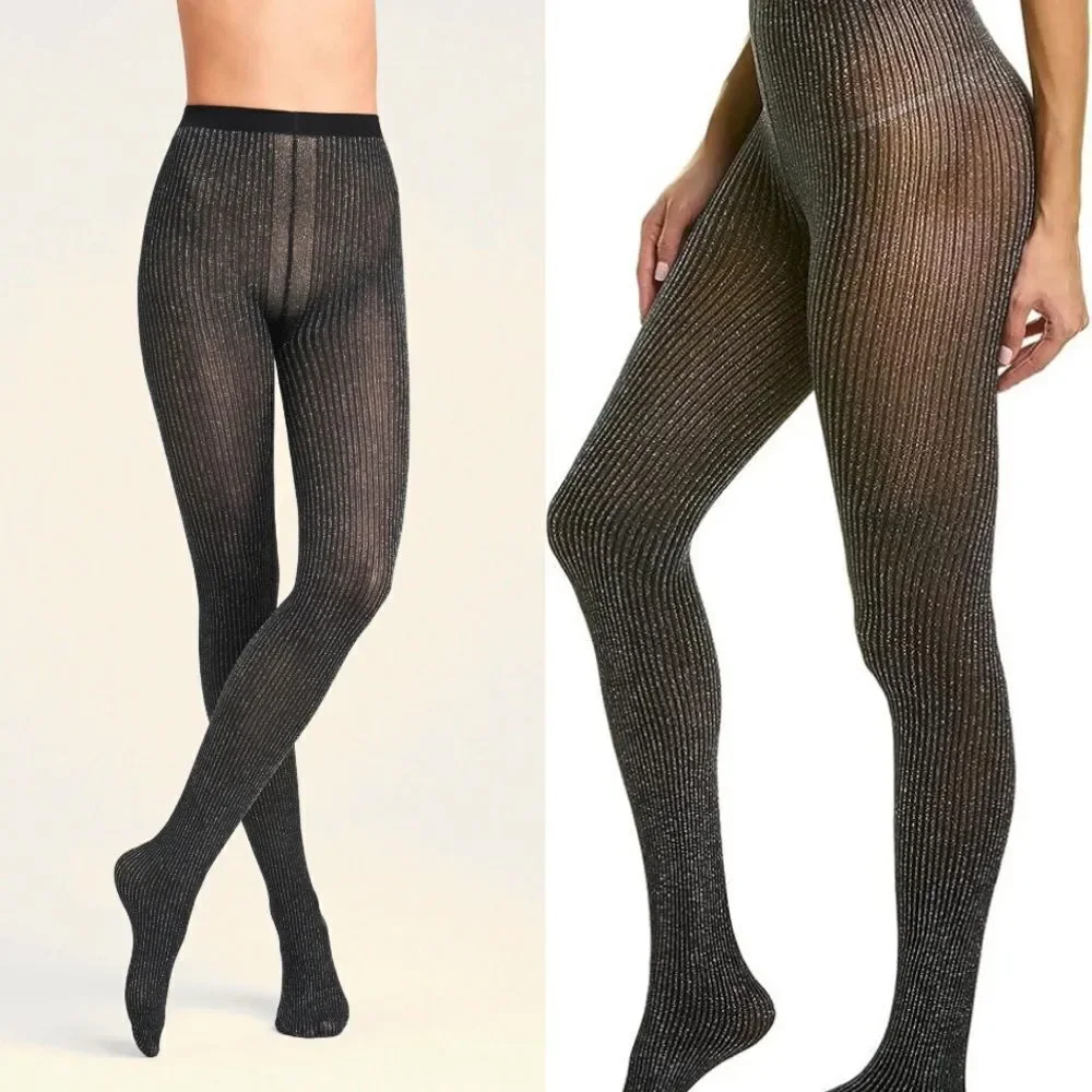 Wolford NEW Dora Metallic Ribbed 100 Denier Tights Black Size Small