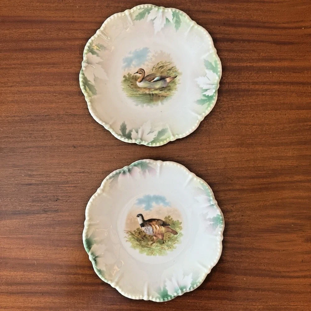 Vintage Silesien Game Bird Plate Mint Green Luster Pink Flowers