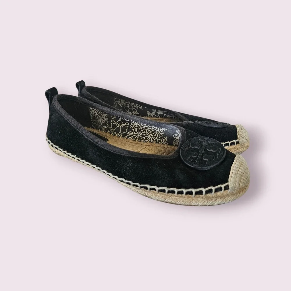 TORY BURCH BLACK‎ SUEDE BOHEMIAN CHIC FLAT CAP TOE ESPADRILLE FLATS SZ 7.5
