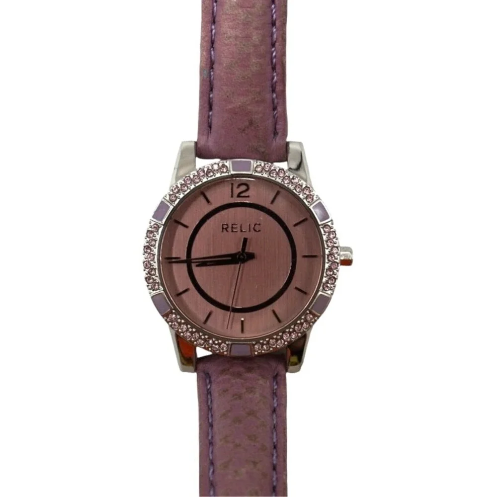 Womens Relic Pink Leather Band Steel Watch New Battery