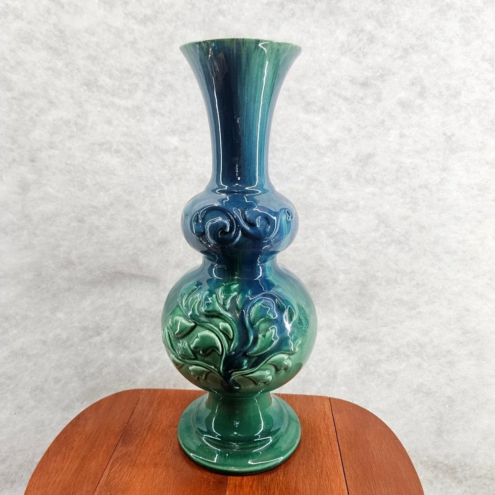 Haeger USA Green Teal Blue Ceramic‎ Vase Raised Floral Tree Design 15