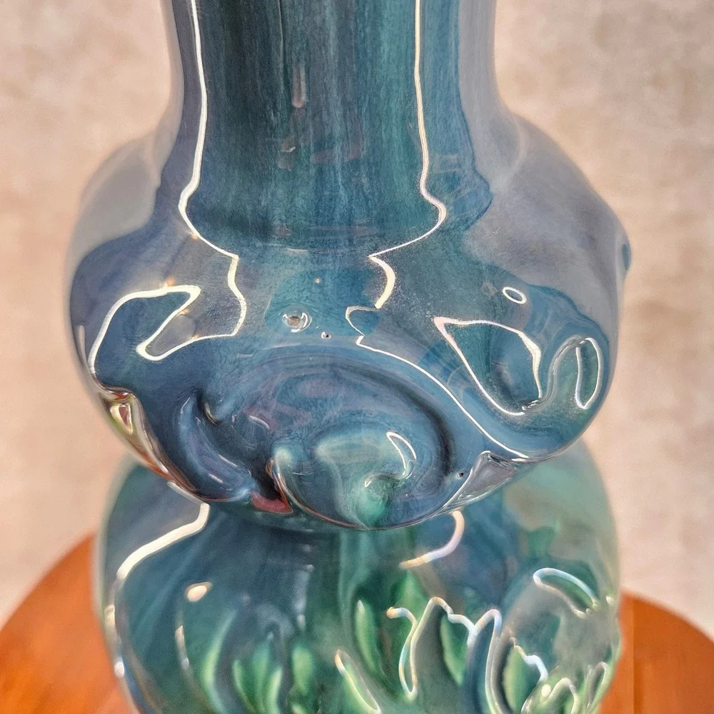 Haeger USA Green Teal Blue Ceramic‎ Vase Raised Floral Tree Design 15