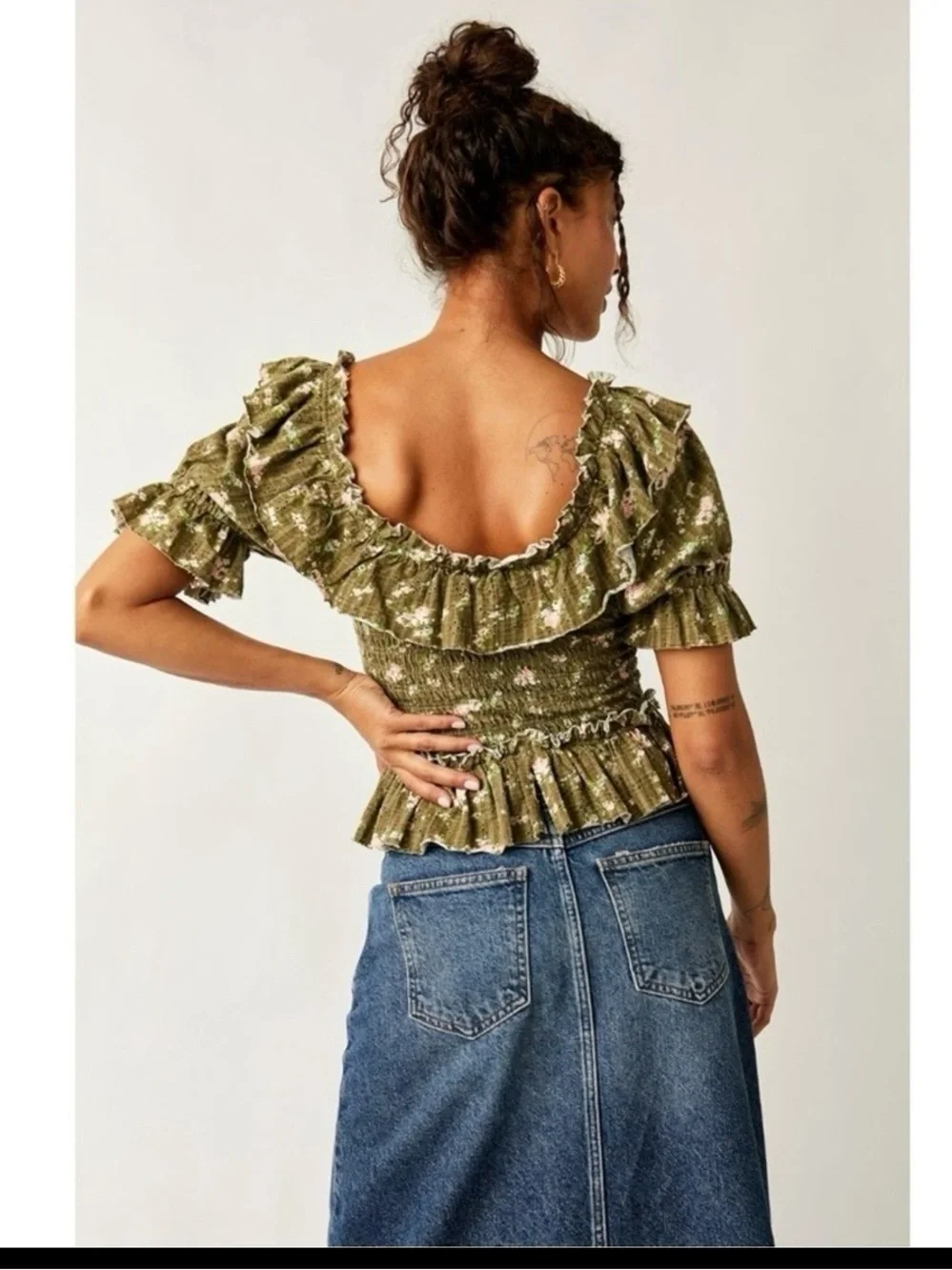 Free People Olive Floral Ruffle Smocked Crop Top