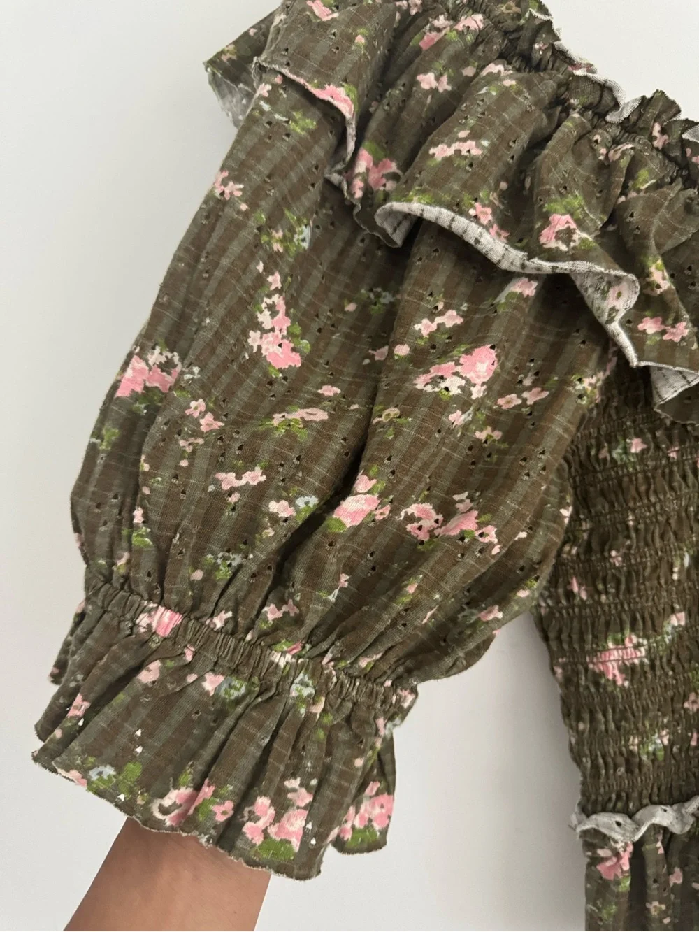 Free People Olive Floral Ruffle Smocked Crop Top