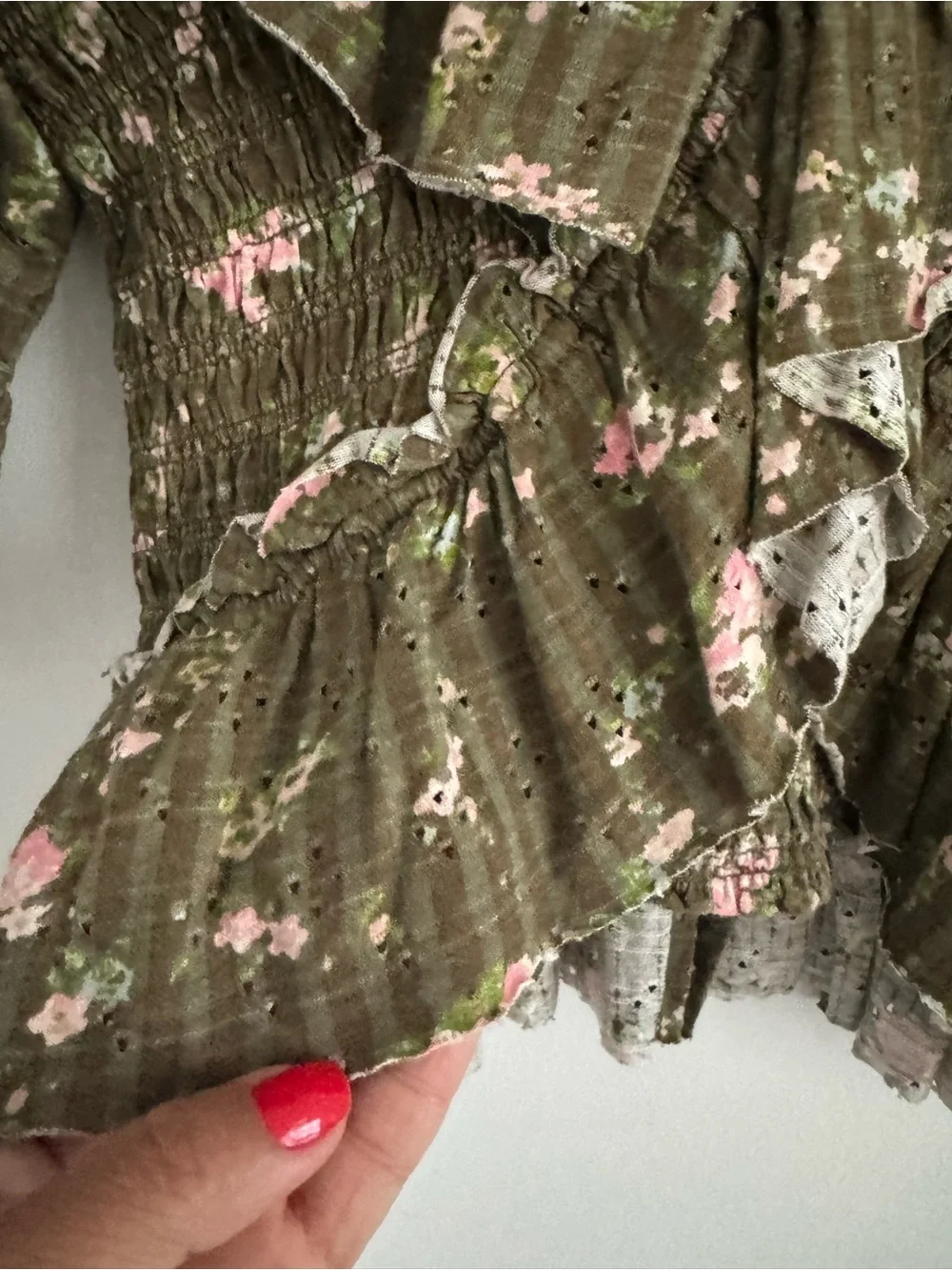 Free People Olive Floral Ruffle Smocked Crop Top