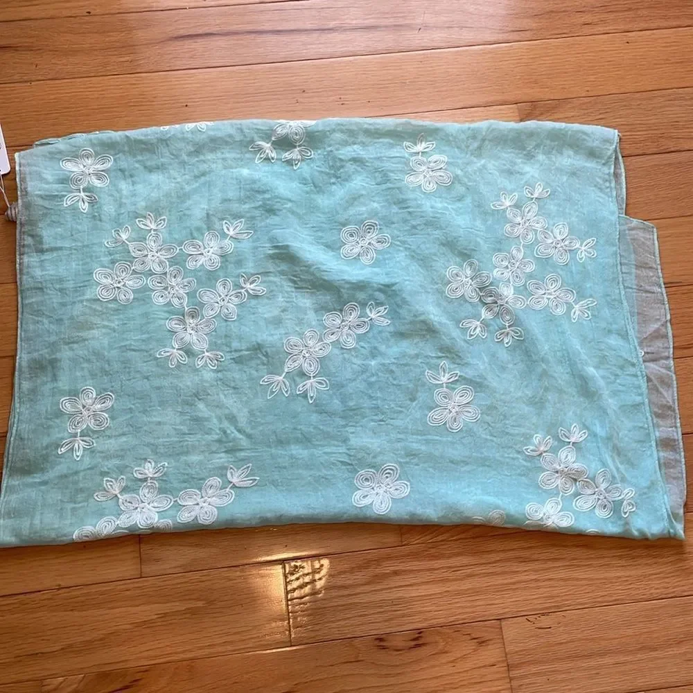 NWT Scarf mint seafoam color white embroidery