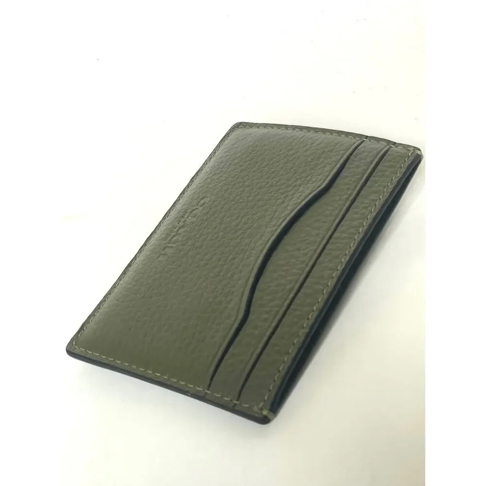 Coach Card Case Money Clip Olive Green Crossgrain Leather Mens CDC79