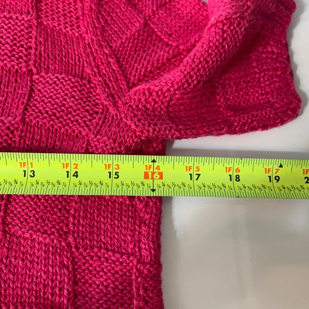 Fuchsia Pink Basketweave Knit Short Sleeve Sweater S/M Checkered Cottagecore