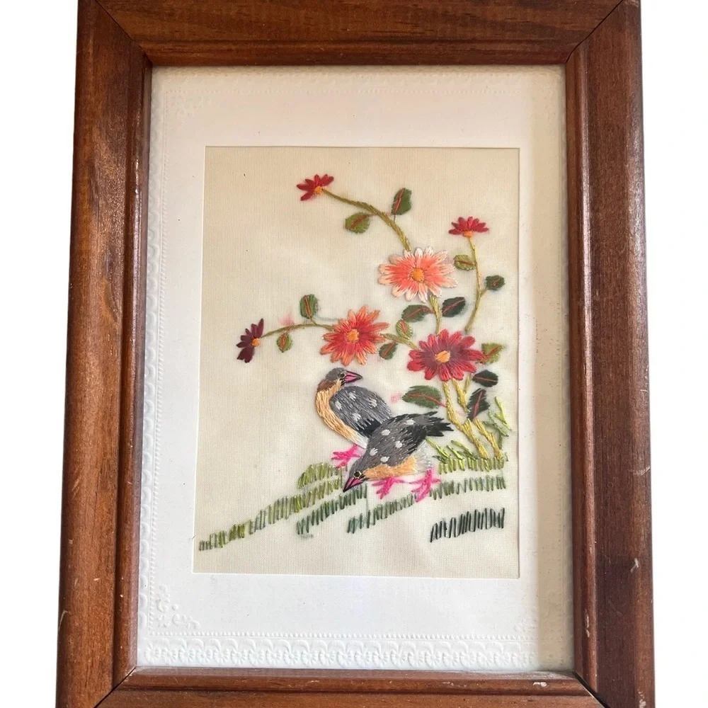Vintage Framed Silk Embroidered Art Bird Floral Boho Decor Grannycore Artsy Art