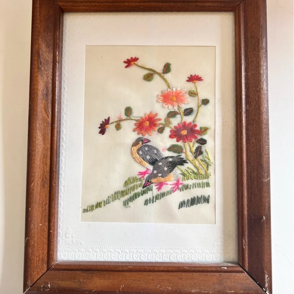 Vintage Framed Silk Embroidered Art Bird Floral Boho Decor Grannycore Artsy Art