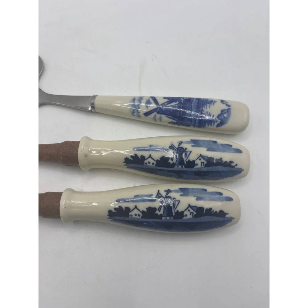 Vintage Delft Blue Ceramic Handle Cheese Slicer Wooden Salad Fork Spoon Set 3pc