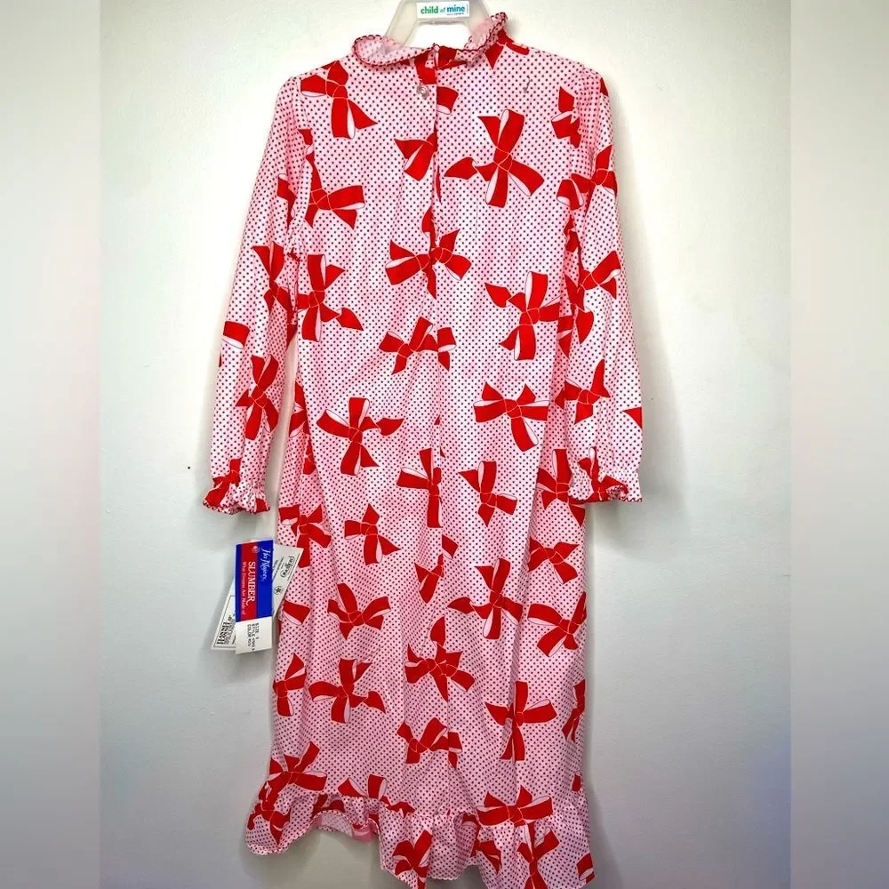 Vintage 1990s Her Majesty Flannel‎ Bow Star Print Nightgown