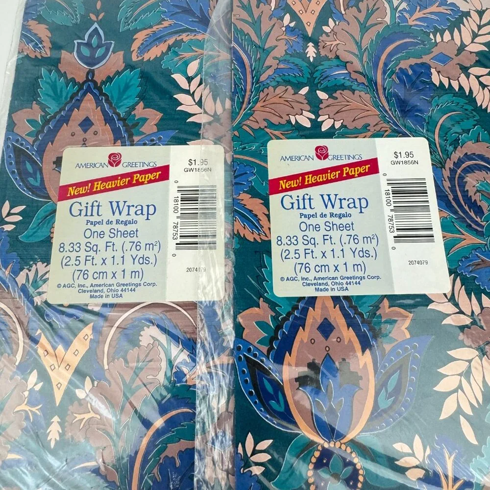 Vtg Pack of 3 Floral Flower Paisley Turquoise Blue Gold Gift Wrap Sheets‎ Color