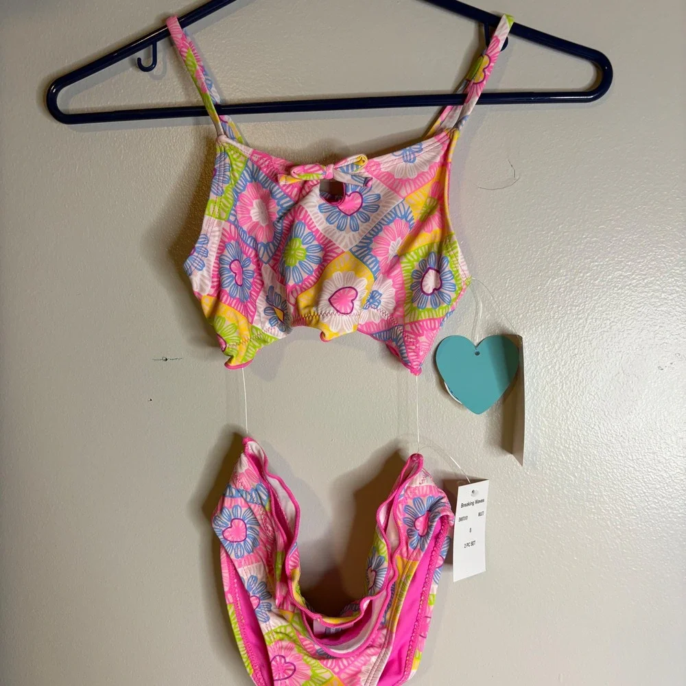 Breaking Waves Girls Size 8 Bikini Set Floral Heart Multi Color‎ UPF 50 New