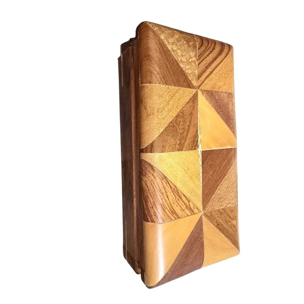 Boho Marquetry Wood Inlay Trinket Box Brown Geometric Parquetry Lined