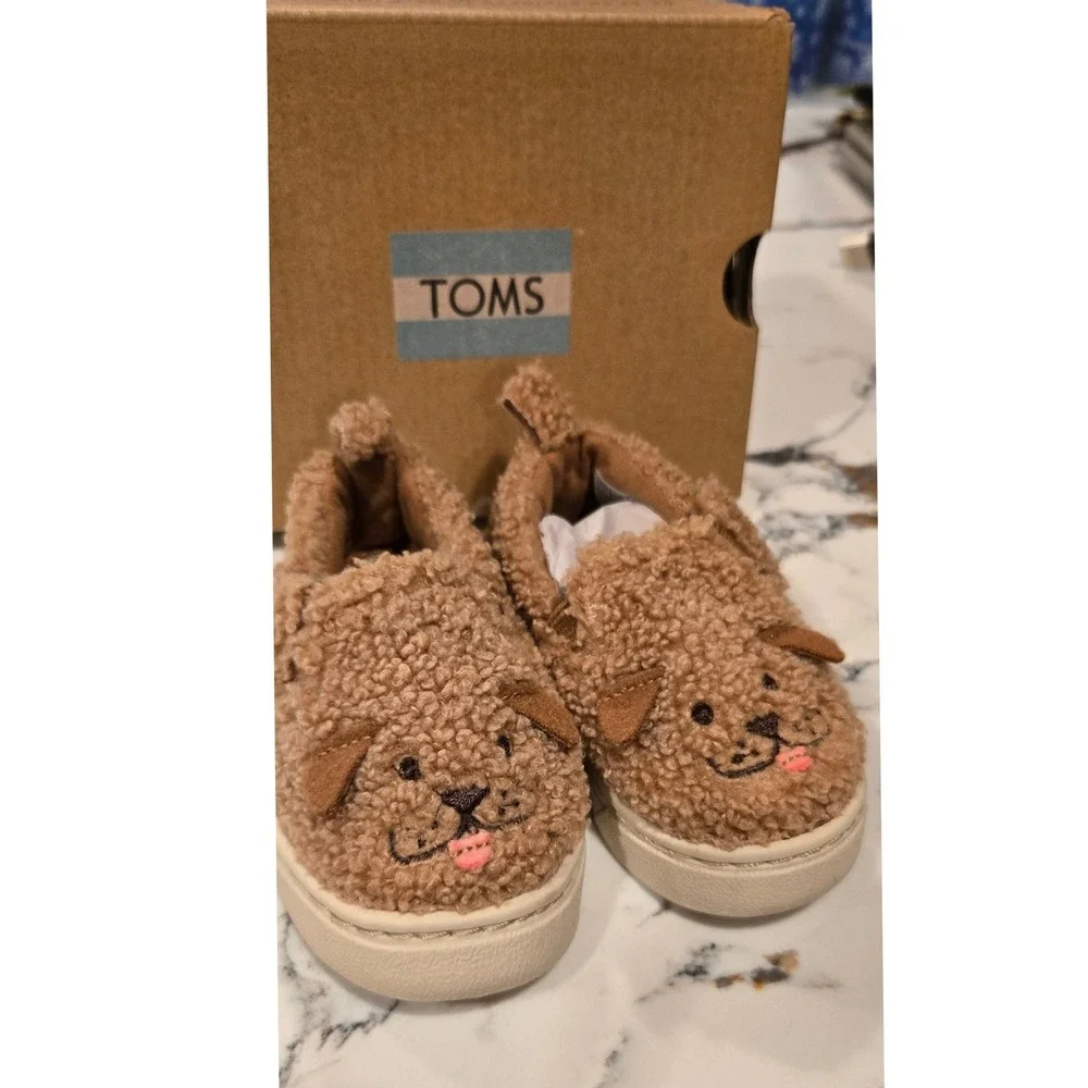 TOMS Kids Luca‎ Doodle Plush Slip On Shoes Toddler Size 3 Brown Dog Face