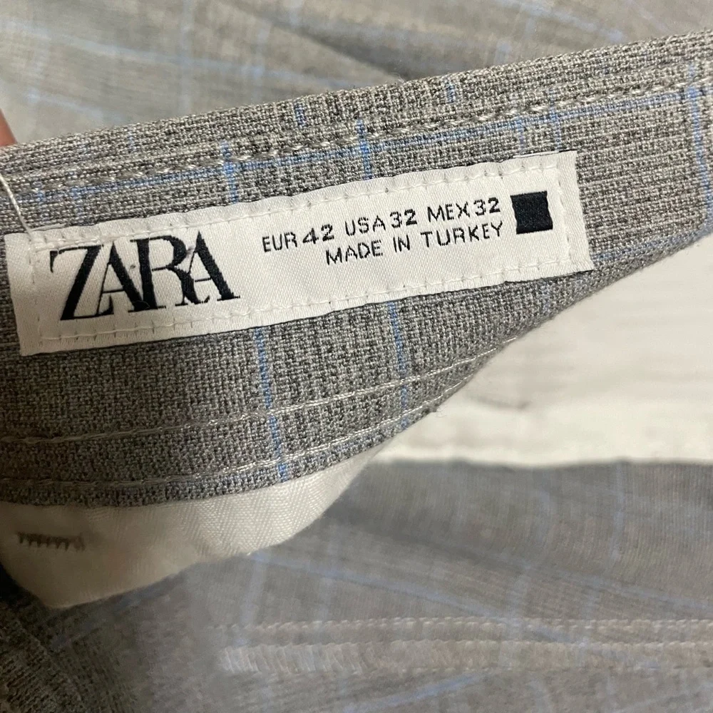 Zara Plaid Dress Pants Mens 32 Gray Slim Fit Ankle Flat Front Stretch