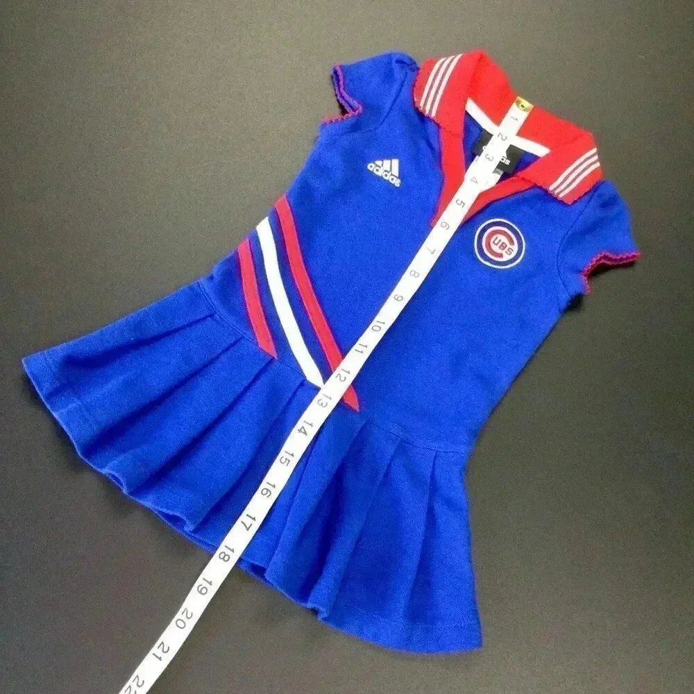 Vintage Adidas Girls Blue Red Chicago Cubs Collared Pleated‎ Polo Dress Size 18M