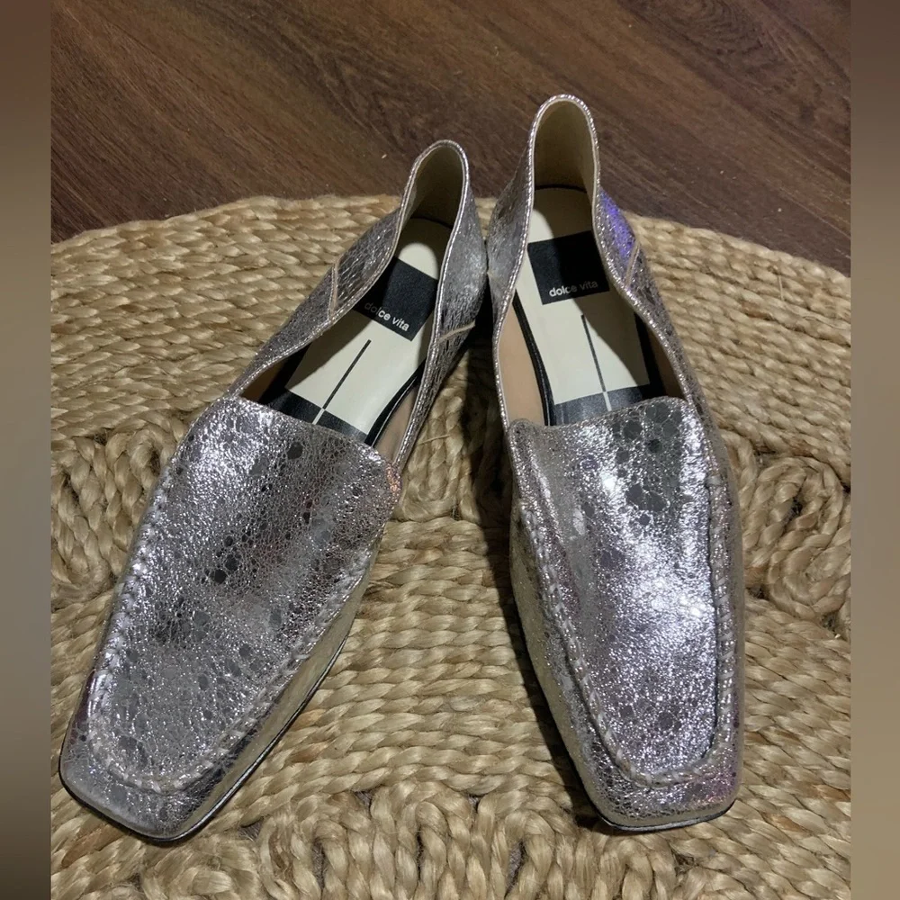 Dolce vita leather metallic Beny Flats Silver Distressed Leather fall casual 9