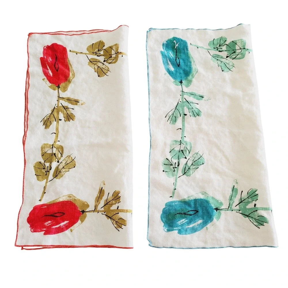 Vera Neumann Vintage‎ Linen Napkins Set 2 Red Teal Blue Rose Floral MCM 70s