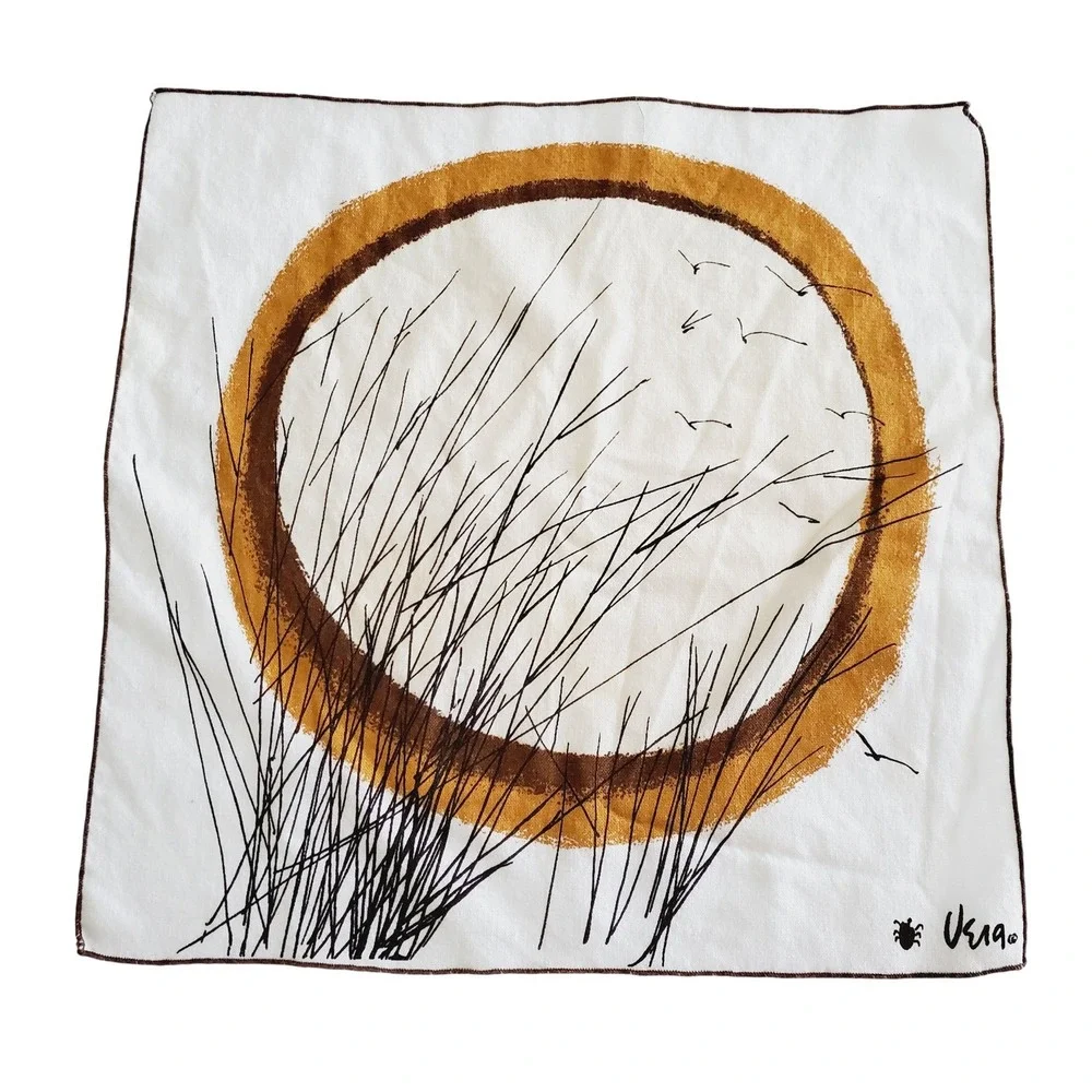 Vera Neumann Vintage Linen Napkins Set of 4‎ Sun Seagrass Birds MCM Mid Century