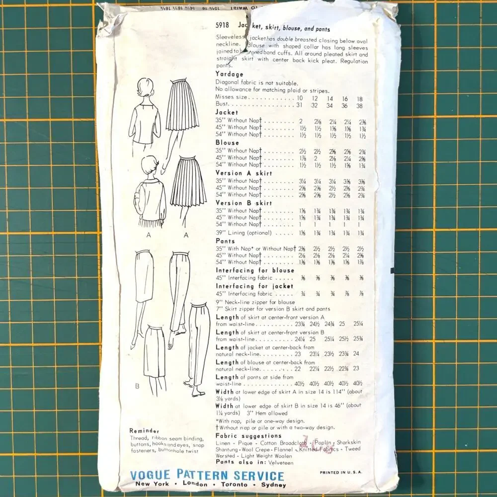 VTG Vogue 5918 Pattern Size 12 Misses Jacket Pleated Skirt Pants Blouse 60s C/C