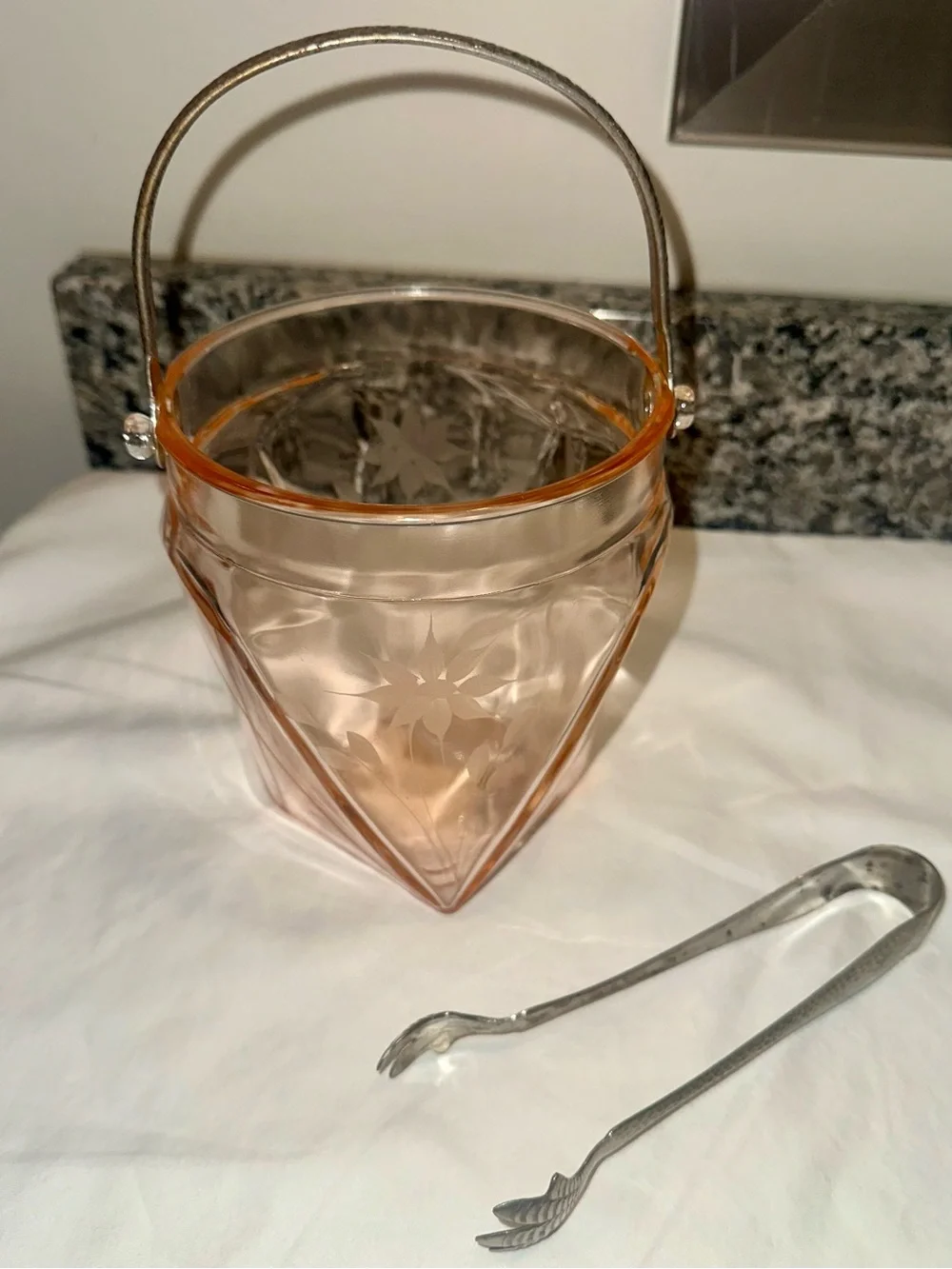Vintage Pink Depression Glass Art Deco Ice Bucket & Tongs Set
