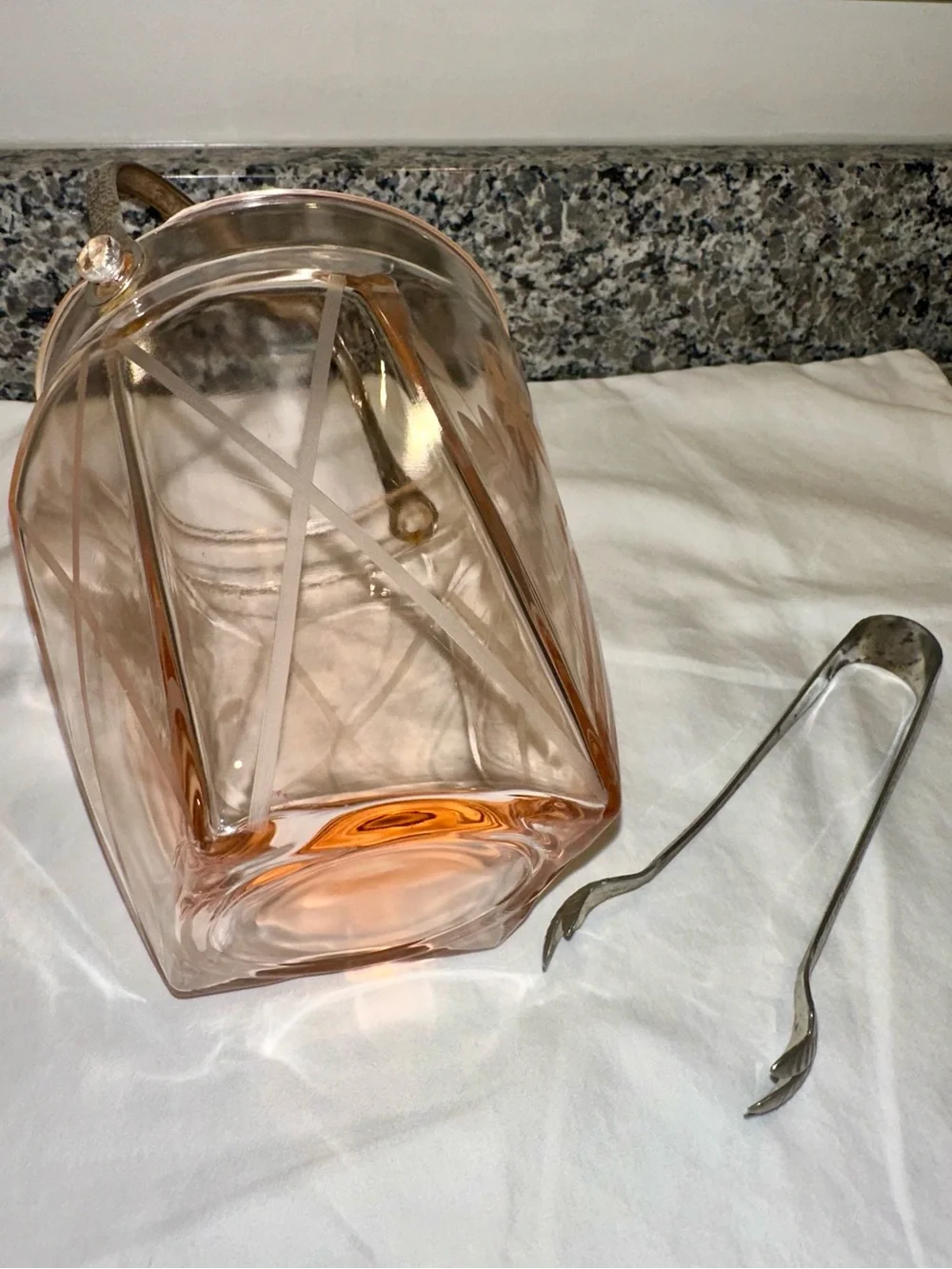 Vintage Pink Depression Glass Art Deco Ice Bucket & Tongs Set