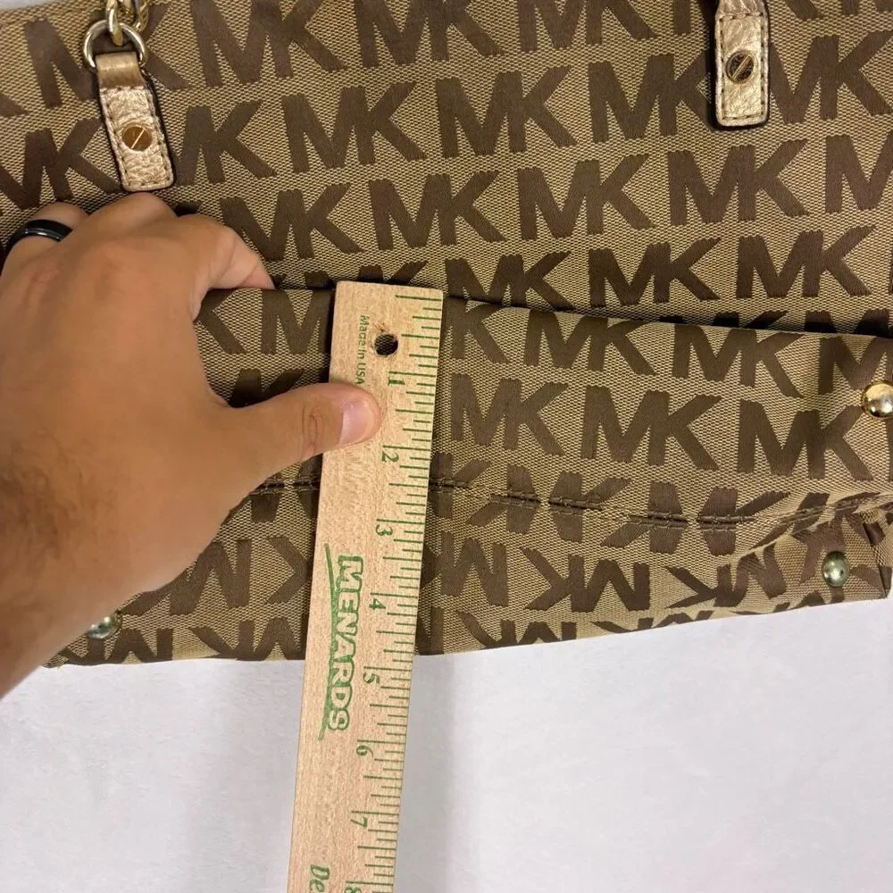 Michael Kors Brown Monogram Large Shoulder Purse with‎ Gold Straps